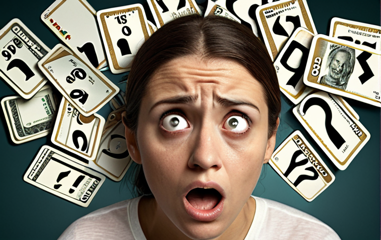 ** A frustrated person staring at a complex credit card bill, surrounded by question marks. The scene should convey confusion and the feeling of being tricked. Emphasize the "Desmitificando" (demystifying) concept visually.
**