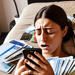 **A person looking overwhelmed by a pile of bills and credit cards, but then gaining control with a budgeting app on their smartphone. The scene should be bright and empowering, symbolizing taking charge of personal finances. Background: A modern apartment in Spain.**