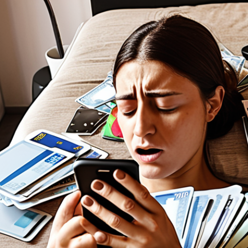 **A person looking overwhelmed by a pile of bills and credit cards, but then gaining control with a budgeting app on their smartphone. The scene should be bright and empowering, symbolizing taking charge of personal finances. Background: A modern apartment in Spain.**
