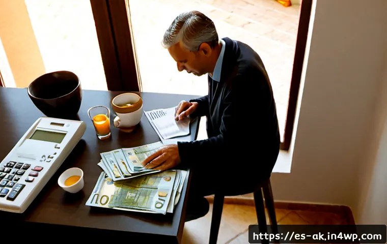 Home 17 소득세의 기초와 절세 방법 - Photorealistic overhead view of a Spanish household tax planning desk, a middle-aged couple calmly r...
